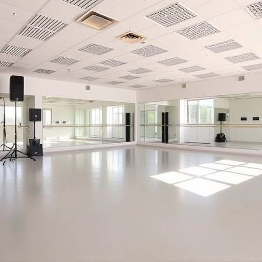 広々としたダンススタジオの写真。全身鏡と音響設備が整っている。